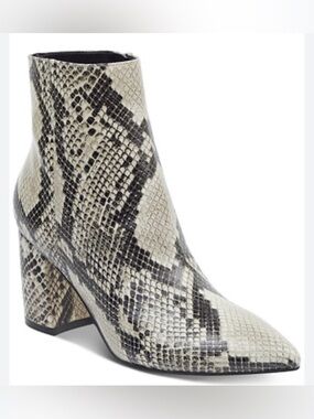 New Marc Fisher Retire Snake-Print Pointed Boots in Neutral Black & Cream, 7.5